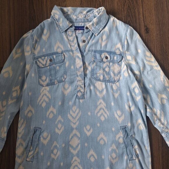 💙 Simply Styled Aztec Print Soft Denim Look Shirt Dress 100% Tencel Size L - Picture 2 of 9